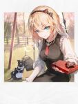  1girl 1other black_cat blonde_hair blue_eyes candy cat chocolate chocolate_bar commentary_request cosplay food g36_(girls&#039;_frontline) girls&#039;_frontline girls&#039;_frontline_neural_cloud hairband looking_at_viewer maid official_art shuzi swing_set third-party_source 
