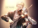  2boys absurdres black_coat black_suit blonde_hair coat collared_coat collared_shirt ear_piercing facing_away formal given happy_birthday highres holding holding_instrument holding_violin instrument kaji_akihiko letterboxed light_particles long_sleeves male_focus mouth_piercing multiple_boys murata_ugetsu music piercing pinoli_(pinoli66) playing_instrument shirt short_hair solo_focus suit upper_body violin white_shirt 