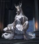  anthro antlers bandage barefoot beast_(bloodborne) blood bodily_fluids breasts canid canine cathedral digitigrade feet female hi_res horn lumixdragonfey_(artist) mammal monster solo text vicar_amelia_(bloodborne) were werecanid werecanine werewolf whitefur 