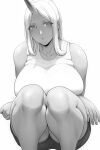  1girl breasts bushu_(lvl) collarbone dark_skin highres horns huge_breasts looking_at_viewer lvl_(sentrythe2310) monochrome oni original ponytail shorts sidelocks single_horn solo squatting tan tank_top 