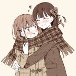  2girls ^_^ amae_sasete_hinamori-san! blush bow character_request closed_eyes coat dithering hair_bow hair_ornament hairclip hand_up heart hug limited_palette long_hair multiple_girls open_mouth scarf shared_scarf simple_background smile sweatdrop tsuke_(maholabo) upper_body winter_clothes yuri 