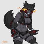  abs animal_humanoid arm_tuft belt biceps big_breasts biped black_body black_claws black_ears black_fur black_hair black_inner_ear black_inner_ear_fluff black_lips black_sclera black_skin black_tail bottomwear bracelet breasts canid canid_demon canid_humanoid canine canine_humanoid chest_rig claws cleavage cleavage_cutout clothed clothing collar colored crop_top cutoffs demon denim denim_clothing digital_media_(artwork) ear_piercing ear_ring ear_stud elbow_tufts eye_scar facial_scar female finger_claws fingerless_gloves fire front_view fully_clothed fur glistening glistening_body glistening_breasts glistening_skin gloves gloves_(marking) glowing glowing_eyes grey_background grey_body grey_skin grin hair hair_over_eye handwear harness hellhound hellhound_(mge) humanoid humanoid_hands inner_ear_fluff jewelry leg_tuft lips looking_at_viewer mammal mammal_humanoid markings midriff monotone_ears monotone_tail monster_girl_(genre) monster_girl_encyclopedia multicolored_body multicolored_fur multicolored_hair multicolored_skin muscular muscular_female muscular_humanoid navel navel_piercing one_eye_obstructed pentacle pentacle_necklace pentagram pentagram_necklace piercing pockets portrait pose quads red_body red_clothing red_fur red_gloves red_hair red_handwear scar shaded shardanic shin_guards shirt shorts signature simple_background skimpy smile solo spiked_bracelet spiked_collar spikes standing tactical_gear teeth thong_straps three-quarter_portrait three-quarter_view topwear tuft two_tone_body two_tone_fur two_tone_hair two_tone_skin yellow_eyes 