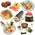  artist_logo beans commentary_request food food_focus highres kailene no_humans nori_(seaweed) onigiri original partial_commentary plate sashimi signature simple_background sushi white_background 