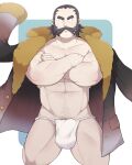  1boy abs bara black_hair bulge chest_hair closed_mouth cowboy_shot crossed_arms dogoronumber3 erection erection_under_clothes facial_hair fundoshi fur-trimmed_jacket fur_trim highres jacket jacket_on_shoulders japanese_clothes kamado_(pokemon) looking_ahead male_focus male_underwear mature_male muscular muscular_male mustache navel navel_hair pokemon pokemon_(game) pokemon_legends:_arceus pubic_hair pubic_hair_peek serious short_hair sideburns simple_background solo thick_arms thick_eyebrows thick_thighs thighs topless_male underwear white_male_underwear 