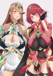  2girls absurdres bangs bare_legs bare_shoulders black_gloves blonde_hair breasts chest_jewel cleavage cleavage_cutout clothing_cutout dress earrings elbow_gloves fingerless_gloves gloves highres jewelry large_breasts long_hair mios1225 multiple_girls mythra_(xenoblade) pyra_(xenoblade) red_eyes red_hair red_legwear red_shorts short_dress short_hair short_shorts shorts swept_bangs thighhighs tiara very_long_hair white_dress white_gloves xenoblade_chronicles_(series) xenoblade_chronicles_2 yellow_eyes 