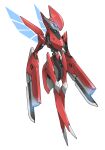  absurdres arm_blade arm_cannon blue_eyes colored_skin commentary_request dual_arm_cannons floating full_body glowing glowing_eyes highres joints korean_commentary looking_to_the_side martinicandy no_humans pokemon pokemon_(creature) robot robot_joints scizor solo weapon white_background wings 