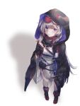  1girl arknights bead_bracelet beads black_cape black_cloak black_gloves bracelet bracelet_removed cape cloak commentary_request feather_hair fingerless_gloves gloves goggles goggles_on_head grey_hair highres holding hood hood_up hooded_cloak jewelry long_hair looking_at_viewer mulberry_(arknights) pouch purple_cloak purple_eyes sctm_o0 shadow solo two-tone_cloak 