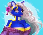  1ndigocat accessory anime_eyes anthro asian_clothing big_breasts blue_body blue_fur breasts bust_portrait canid canine clothing colored_sketch east_asian_clothing fan_character fangs female flower flower_in_hair fox fur hair hair_accessory hi_res huge_breasts japanese_clothing kimono lips lipstick long_hair makeup mammal open_mouth plant portrait purple_lips purple_lipstick purple_shadows silver_hair sketch small_nose solo sweater teeth topwear wreath yellow_body yellow_eyes yellow_fur 