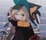  1girl blonde_hair blue_eyes book bookshelf familiar frown hair_between_eyes hat library looking_at_viewer looking_back millie_parfait nijisanji nijisanji_en short_hair solo sumiya_nadateru virtual_youtuber witch_hat 