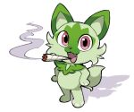  :3 :d cigarette commentary english_commentary fangs hand_on_hip looking_at_viewer marijuana no_humans open_mouth pokemon pokemon_(creature) red_eyes shadow simple_background smile smoking solo sprigatito standing white_background zzzh1n 