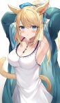  1girl absurdres animal_ears armpits arms_up avatar_(ff14) blonde_hair blue_eyes blue_jacket blush breasts cat_ears cat_tail cleavage commentary_request dress earrings final_fantasy final_fantasy_xiv highres jacket jewelry large_breasts looking_at_viewer miqo&#039;te necklace parted_lips retsuto simple_background single_earring tail white_background white_dress 