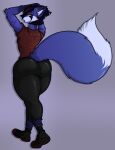  2022 aeri_aosune amber_eyes anthro big_butt big_tail black_hair blue_body blue_fur bottomwear butt butt_pose canid canine clothed clothing countershading curvy_figure ear_piercing ear_ring edgeartstation female footwear fox fur hair hand_on_head hi_res highlights_(coloring) inner_ear_fluff leggings legwear looking_at_viewer looking_back mammal markings open_mouth pants piercing pose shoes short_hair simple_background solo solo_focus text thick_thighs topwear tuft walking white_body white_fur wide_hips yoga_pants 