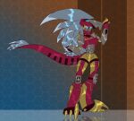 anthro blue_eyes claws cute_fangs cybertronian dinobot_(species) dinosaur female hair hasbro hi_res huge_claws humanoid long_hair long_tail machine missing_hand ppoliwrath prehistoric_species reptile robot robot_humanoid scalie solo spiky_hair standing tail takara_tomy teeth transformers