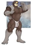  2022 anthro asian_clothing biped brown_body clothing east_asian_clothing fundoshi green_eyes hi_res humanoid_hands japanese_clothing male mammal muscular muscular_male nintendo nipples one_eye_closed pok&eacute;mon pok&eacute;mon_(species) solard0gg0 solo underwear ursaluna ursid video_games white_clothing white_fundoshi white_underwear wink 