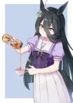  1girl absurdres agnes_tachyon_(umamusume) ahoge animal_ears bangs black_hair bow bowtie can closed_mouth cup earrings hair_between_eyes highres holding holding_can holding_cup horse_ears horse_girl horse_tail jewelry long_hair manhattan_cafe_(umamusume) multicolored_hair pakiramon pouring puffy_short_sleeves puffy_sleeves purple_bow purple_bowtie purple_shirt sailor_collar school_uniform shirt short_sleeves single_earring skirt solo streaked_hair tail teacup tracen_school_uniform umamusume white_skirt yellow_eyes zone_(energy_drink) 