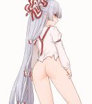  1girl ass bottomless bow burnt_clothes commentary eyebrows_visible_through_hair from_behind frown fujiwara_no_mokou grey_hair hair_bow highres long_hair long_sleeves looking_at_viewer looking_back miyo_(ranthath) red_eyes shirt simple_background solo suspenders sweat torn_clothes torn_shirt touhou very_long_hair white_background white_shirt 