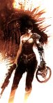  1girl angry belt closed_mouth commentary feet_out_of_frame gun highres holding holding_gun holding_weapon imperator_furiosa looking_at_viewer mad_max mad_max:_fury_road mechanical_arms naratani short_hair single_mechanical_arm solo tank_top weapon wheel 