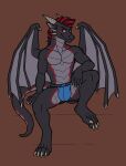  absurd_res anthro black_body black_hair bulge claws clothed clothing dragon hair hi_res horn jockstrap male multicolored_hair red_eyes red_hair scalie sharkiedude solo topless underwear 