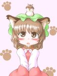  1girl animal_ears bangs bird blush bow bowtie brown_eyes brown_hair cat_ears chen dress earrings eyebrows_visible_through_hair gold_trim green_headwear hands_on_lap hat jewelry looking_up medium_hair mob_cap mystia_lorelei mystia_lorelei_(bird) open_mouth paw_print paw_print_background red_dress simple_background single_earring sitting solo touhou v_arms wariza white_background white_bow white_bowtie yayaechigo88 