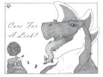  anthro dialogue dragon graphite_(artwork) hanging_tongue hi_res holding_object licking looking_at_viewer macro male mass_vore micro open_mouth oral_vore pencil_(artwork) size_difference solo teeth tongue tongue_out traditional_media_(artwork) vamux vore 