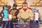  absurd_res anthro arms_at_sides badger belly big_belly black_body black_fur black_hair blue_body blue_eyes blue_fur boxers_(clothing) bulge canid canine canis clothed clothing crossed_arms dating_sim digital_media_(artwork) dobermann domestic_dog ear_piercing ear_ring english_text eyes_closed facial_hair fox fur grey_body grey_fur group hair hi_res hunter_(shai_dreamcast) male mammal muscular muscular_male mustelid musteline navel open_mouth piercing pinscher red_body red_fur scar shai_dreamcast shirtless smile standing tan_body tan_fur terry_(shai_dreamcast) text topless underwear ursid ventesthefloof victor_(shai_dreamcast) viewer white_body white_fur 