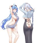  2girls absurdres ahoge arm_behind_head arm_up armpits ass back backless_outfit bangs blue_eyes blue_hair blush braid braided_ponytail breasts crop_top cross-laced_clothes dress ganyu_(genshin_impact) genshin_impact grey_skirt grey_sweater hair_over_one_eye highres horns large_breasts long_hair long_skirt long_sleeves looking_at_viewer looking_back meme_attire multiple_girls naked_sweater purple_eyes shenhe_(genshin_impact) shirt sideboob silver_hair skirt sweater sweater_dress thighs turtleneck turtleneck_sweater underboob urrrt very_long_hair virgin_killer_sweater white_shirt 