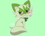  :3 artist_logo cigarette closed_mouth commentary english_commentary fang fang_out green_background half-closed_eyes highres looking_at_viewer lou_raccoon marijuana no_humans outline pokemon pokemon_(creature) red_eyes simple_background smoking solo sprigatito 