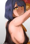  1girl abigbrother arm_up armpits bangs bare_shoulders blue_hair breasts breath chain eyelashes genshin_impact hair_ornament highres kujou_sara large_breasts leaning_forward multicolored_eyes parted_lips profile sagging_breasts sideboob signature simple_background sleeveless steam sweat turning_head white_background 