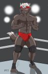  absurd_res accessory anthro canid canine canis fftempest fur grey_body grey_fur hair headband hi_res knee_pads male mammal mma muscular smile smirk solo tadatomo thick_thighs video_games wrestling 