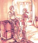  1boy 1girl azuiyo7210 bodysuit braid breasts closed_mouth final_fantasy final_fantasy_xii full_body gloves greyscale lips looking_at_viewer medium_breasts monochrome penelo short_hair smile twin_braids vaan_(ff12) vest 