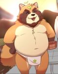  2022 anthro asian_clothing baw0sox blush brown_body canid canine clothing detailed_background east_asian_clothing eyes_closed fundoshi japanese_clothing kemono leaf male mammal outside overweight overweight_male raccoon_dog solo tanuki underwear white_clothing white_fundoshi white_underwear 