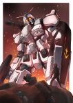  arm_shield beam_rifle earth_federation energy_gun gatling_gun glowing glowing_eyes gun gundam gundam_ex gundam_requiem_for_vengeance helmet highres holding holding_gun holding_weapon mecha mecha_focus mobile_suit one-eyed pilot pilot_helmet pilot_suit red_eyes robot science_fiction standing taiga_hiroyuki v-fin weapon zaku_ii zeon 
