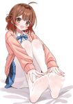  1girl ahoge ass blue_overskirt blue_ribbon blue_skirt blush brown_hair cardigan eluthel feet gakuen_idolmaster gradient_hair hanami_ume hatsuboshi_gakuen_school_uniform highres idolmaster long_sleeves looking_at_viewer multicolored_hair neck_ribbon no_shoes orange_hair panties panties_under_pantyhose pantyhose pink_cardigan pleated_skirt ribbon school_uniform shirt sitting skirt smile soles solo thighband_pantyhose toes underwear white_panties white_pantyhose white_shirt 