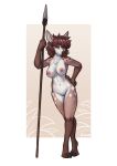  2022 anthro areola breasts cervid digital_media_(artwork) female fingers foxovh fur genitals hair hi_res looking_at_viewer mammal melee_weapon navel nipples nude polearm pussy simple_background smile solo spear weapon 