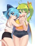 2girls ;d absurdres ahoge alternate_costume bangs black_shorts blue_background blue_bow blue_eyes blue_hair bow breasts cirno cleavage closed_mouth daiyousei eyebrows_visible_through_hair fairy_wings farrel_kb gradient gradient_background green_eyes green_hair hair_between_eyes hair_bow highres holding_person ice ice_wings large_breasts leg_up looking_at_viewer multiple_girls navel one_eye_closed open_mouth short_hair short_shorts shorts side_ponytail sleeveless smile standing tank_top thigh_gap touhou white_tank_top wings yellow_tank_top 