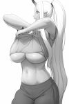  1girl breasts bushu_(lvl) clothes_lift collarbone dark_skin highres horns huge_breasts long_hair looking_at_viewer lvl_(sentrythe2310) monochrome navel oni original ponytail shirt_lift shorts sidelocks single_horn skindentation solo tan tank_top underboob very_long_hair 