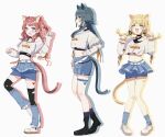  3girls absurdres animal_ears blonde_hair blue_overskirt blue_shorts blue_skirt blush bodypaint braid cat_ears cat_tail cropped_shirt fujita_kotone full_body gakuen_idolmaster green_hair hair_flaps hanami_saki highres idolmaster looking_at_viewer midriff multiple_girls navel paw_pose paw_print pencil_skirt pleated_skirt red_hair shirt shorts sideways_glance simple_background skirt smile tail tsukimura_temari twin_braids two_side_up white_arm_warmers white_background white_shirt yuumaru_(awhc7334) 