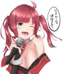  1girl :d \m/ aoki_(aoki_illust) azur_lane bare_shoulders blue_eyes blush breasts cleavage collarbone eyebrows_visible_through_hair heart holding holding_microphone large_breasts microphone music red_hair san_diego_(azur_lane) simple_background singing smile solo speech_bubble tongue twintails upper_body white_background 