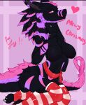  anthro big_breasts breasts butt christmas clothing crossed_legs crossgender female fluffy gift_wrapped hi_res holidays hybrid legwear looking_at_viewer mane neondragonjay sergal sitting solo stockings stripes 