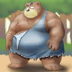  2022 anthro belly black_nose brown_body clothed clothing humanoid_hands kemono male mammal mature_male moobs nipples outside overweight overweight_male plant solo toshi_(artist) tree ursid 