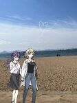  2girls black_camisole black_skirt blonde_hair blue_pants blush camisole collarbone commentary_request couple criss-cross_halter day floating_hair grey_eyes hair_between_eyes halterneck holding_hands interlocked_fingers izumi_shiho jacket mizuguchi_aki multiple_girls necoco_harukuni open_clothes open_jacket outdoors pants photo_background purple_hair sasayaku_you_ni_koi_wo_utau shirt short_hair skirt white_jacket white_shirt yuri 