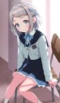  absurdres arm_support backlighting blue_eyes blue_overskirt blue_ribbon blue_sailor_collar blue_skirt blush commentary_request gakuen_idolmaster grey_hair hair_ribbon half_up_braid hatsuboshi_gakuen_school_uniform highres honorikiti idolmaster jacket katsuragi_lilja long_sleeves looking_at_viewer on_chair pleated_skirt ribbon ribbon_braid sailor_collar school_uniform short_hair sitting skirt smile socks white_jacket white_socks 