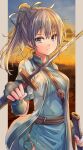  1girl bangs belt dress fingerless_gloves fir_(fire_emblem) fire_emblem fire_emblem:_the_binding_blade fuussu_(21-kazin) gloves grey_eyes hair_between_eyes hair_ribbon holding holding_sheath holding_sword holding_weapon jacket long_hair looking_at_viewer open_clothes open_jacket ponytail ribbon sheath solo sword weapon 