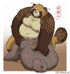  2022 96panda absurd_res anthro belly black_nose blush bodily_fluids bound brown_body canid canine cum duo genital_fluids gyobu hi_res humanoid_hands kemono lifewonders male mammal moobs nipples overweight overweight_male raccoon_dog rope scar sex tanuki tattoo tokyo_afterschool_summoners tongue tongue_out video_games 