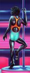  2018 anthro black_body black_fur black_hair clothed clothing crossdressing dancing ears_up felid fur glistening glistening_clothing green_eyes hair head_turned holding_object inside leopard looking_back male mammal mitokep neon nightclub one-piece_swimsuit pantherine pawpads pole raised_foot solo stage standing strip_club stripper_pole swimwear 