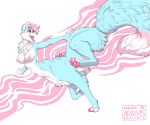  araivis-edelveys blue_body blue_fur breasts canid canid_taur canine canine_taur dipstick_tail female fox fox_taur fur hair looking_back mammal mammal_taur markings navel nipples nude open_mouth pawpads pink_eyes pink_hair pink_pawpads solo tail_markings taur 