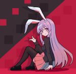 1girl animal_ears black_footwear black_leggings black_suit formal highres johnson_(touhousuki) leggings purple_hair rabbit_ears red_background red_eyes red_skirt reisen_udongein_inaba simple_background skirt solo suit touhou zettai_ryouiki 
