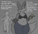  annoyed anon anthro belly beverage beverage_can bottomwear bra canid canine chubby_female clothing denim denim_clothing dialogue duo ear_tuft facial_tuft female fist flirting fluffy fluffy_tail fox holding_beverage holding_object human humanoid_hands japanese_text jeans male mammal navel neck_tuft open_mouth pants pudgy_belly text trisha_fox_(zzx) tuft underwear zzx 
