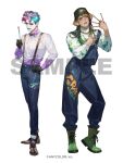  2boys alternate_costume aqua_hair aqua_lips between_fingers black_gloves black_hair black_hat blue_overalls blue_pants boots bow bowtie brown_footwear bucket_hat chain chain_necklace cheekbones closed_mouth collared_shirt copyright_notice cross-laced_footwear earrings eyeshadow full_body gloves gradient_hair green_eyes green_eyeshadow green_footwear green_hair green_lips grey_hair hair_between_eyes hair_slicked_back hanabatake_chaika hand_on_own_chest hand_on_own_hip hat holding holding_paintbrush japants jewelry joe_rikiichi lace-up_boots long_hair long_sleeves looking_at_viewer makeup male_focus multicolored_eyeshadow multicolored_hair multiple_boys necklace nijisanji official_art orange_eyeshadow overalls oxfords paint_splatter paintbrush pale_skin palette_earrings pants parted_lips pink_hair pointy_ears print_pants purple_bow purple_bowtie purple_hair sample_watermark shirt short_hair simple_background standing streaked_hair suspenders tan teardrop_facial_mark traditional_bowtie turtleneck virtual_youtuber watermark white_background white_shirt 