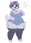 3:5 anthro barefoot belly big_belly big_breasts black_bars blue_clothing blue_hair blush breasts catty_(undertale) choker cleavage clothed clothing deep_navel digital_media_(artwork) domestic_cat fangs feet felid feline felis female freckles front_view fur hair hand_on_breast hi_res jewelry leggings legwear letterbox looking_away mammal markings multicolored_hair navel navel_outline necklace open_mouth open_smile overalls overweight overweight_anthro overweight_female paws puppychan48 purple_body purple_fur purple_hair short_hair simple_background smile solo spots spotted_markings standing thick_calves thick_thighs thigh_highs tight_clothing tight_overalls tongue two_tone_hair undertale_(series) wide_hips yellow_sclera 